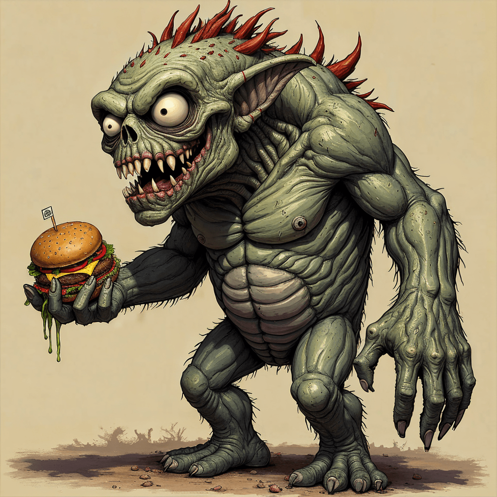 Een monster met een hamburger in zijn hand